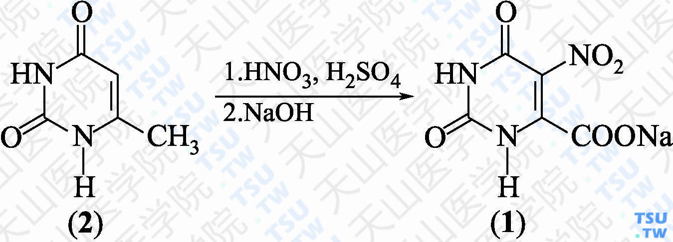 5-硝基-2，6-二氧代-1，2，3，6-四氢嘧啶-4-羧酸钠（分子式：C<sub>5</sub>H<sub>2</sub>N<sub>3</sub>O<sub>6</sub>Na）的合成方法路线及其结构式