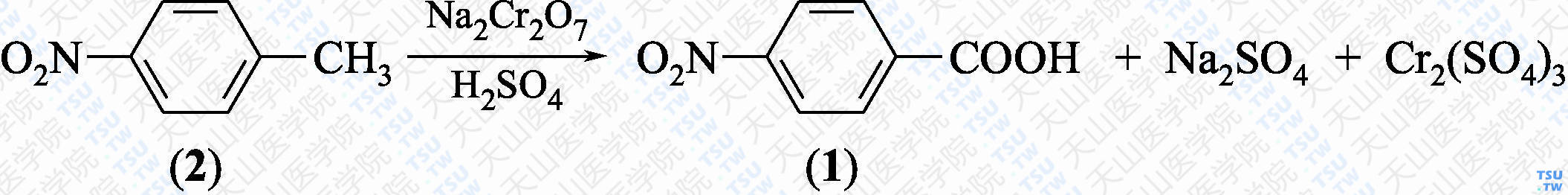 对硝基苯甲酸（分子式：C<sub>7</sub>H<sub>5</sub>NO<sub>4</sub>）的合成方法路线及其结构式