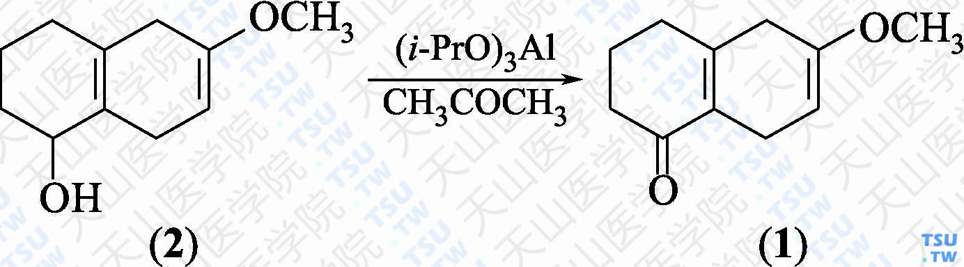 6-甲氧基-2，3，5，8-四氢萘-1（2<i>H</i>）-酮（分子式：C<sub>11</sub>H<sub>14</sub>O<sub>2</sub>）的合成方法路线及其结构式