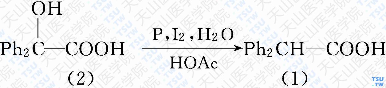 二苯基乙酸（分子式：C<sub>14</sub>H<sub>12</sub>O<sub>2</sub>）的合成方法路线及其结构式