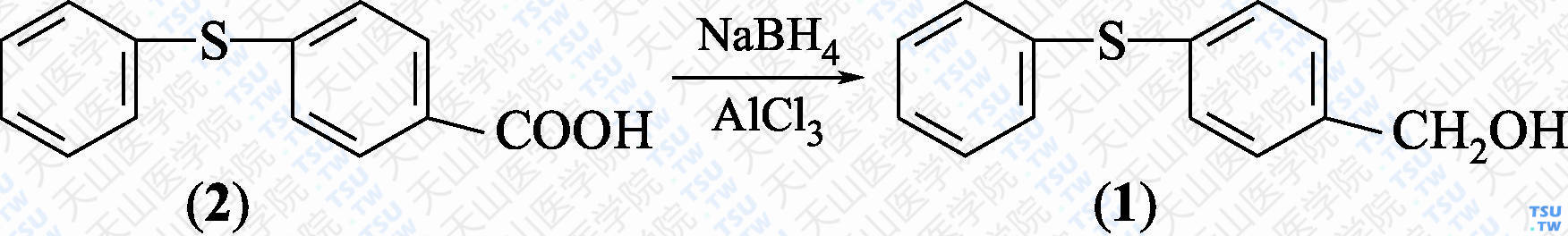 4-苯硫基苯甲醇（分子式：C<sub>13</sub>H<sub>12</sub>OS）的合成方法路线及其结构式