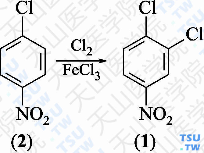 3，4-二氯硝基苯（分子式：C<sub>6</sub>H<sub>3</sub>Cl<sub>2</sub>NO<sub>2</sub>）的合成方法路线及其结构式