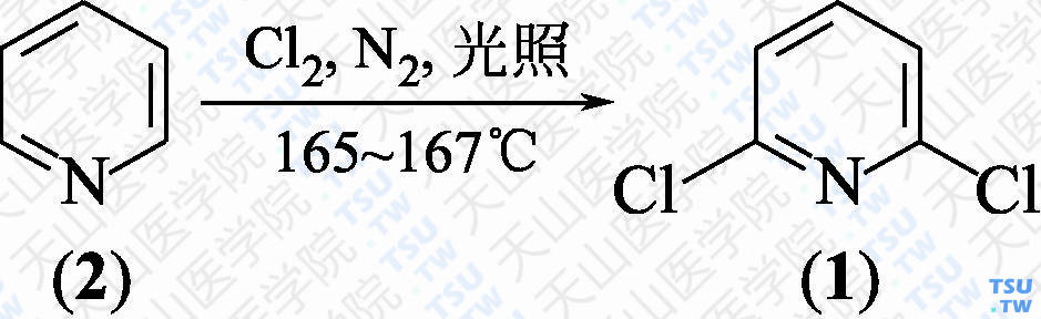 2，6-二氯吡啶（分子式：C<sub>5</sub>H<sub>3</sub>Cl<sub>2</sub>N）的合成方法路线及其结构式