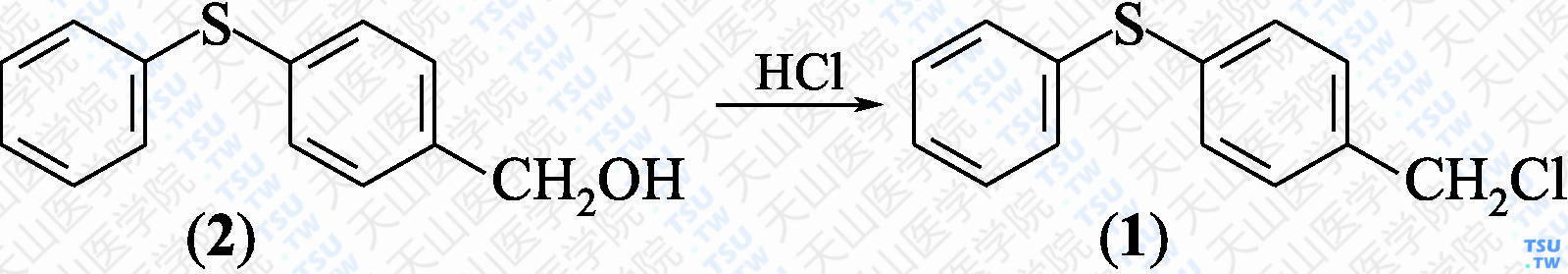4-苯硫基苄基氯（分子式：C<sub>13</sub>H<sub>11</sub>ClS）的合成方法路线及其结构式