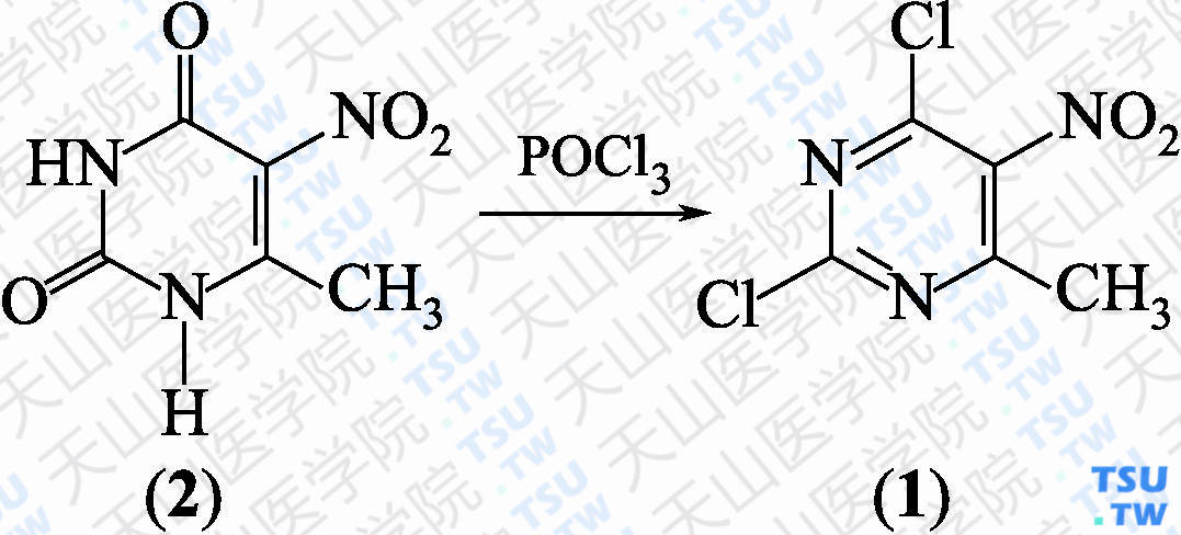 2，4-二氯-6-甲基-5-硝基嘧啶（分子式：C<sub>5</sub>H<sub>3</sub>Cl<sub>2</sub>N<sub>3</sub>O<sub>2</sub>）的合成方法路线及其结构式