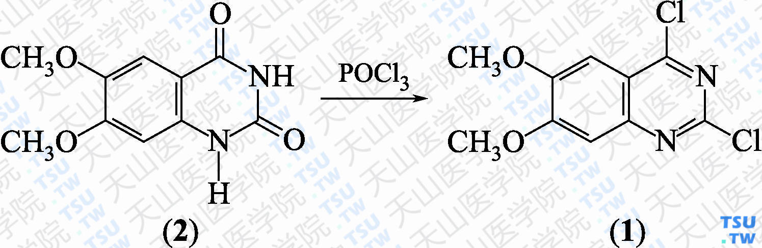 2，4-二氯-6，7-二甲氧基喹唑啉（分子式：C<sub>10</sub>H<sub>8</sub>Cl<sub>2</sub>N<sub>2</sub>O<sub>2</sub>）的合成方法路线及其结构式