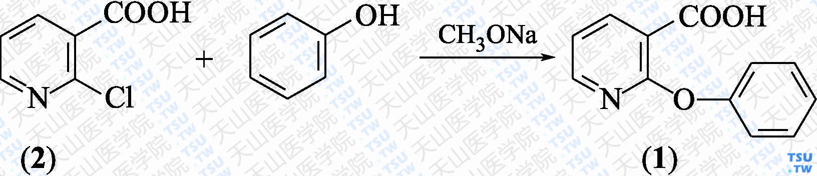 2-苯氧基尼克酸（分子式：C<sub>12</sub>H<sub>9</sub>NO<sub>3</sub>）的合成方法路线及其结构式