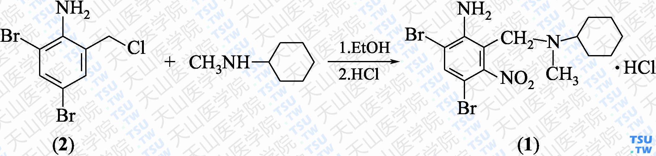 盐酸溴己新（分子式：C<sub>14</sub>H<sub>19</sub>Br<sub>2</sub>N<sub>3</sub>O<sub>2</sub>·HCl）的合成方法路线及其结构式