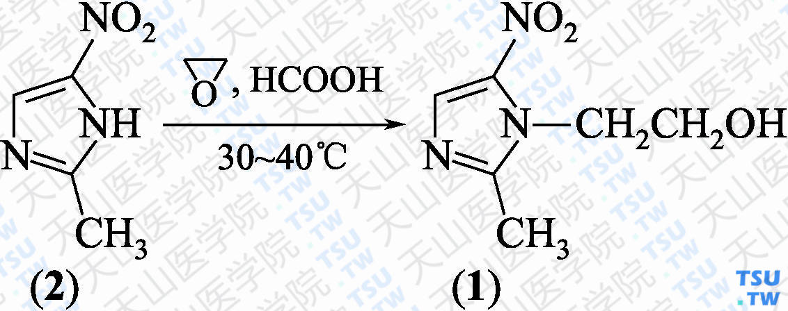 甲硝唑（分子式：C<sub>6</sub>H<sub>9</sub>N<sub>3</sub>O<sub>3</sub>）的合成方法路线及其结构式
