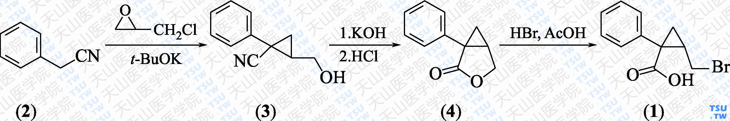 2-溴甲基-1-苯基环丙烷甲酸（分子式：C<sub>11</sub>H<sub>11</sub> BrO<sub>2</sub>）的合成方法路线及其结构式