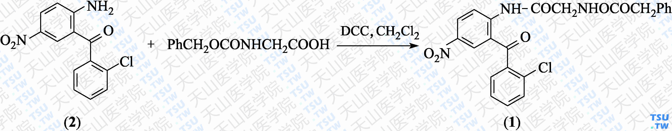 [2-（邻氯苯甲酰基）-4-硝基苯氨基甲酰甲基]氨基甲酸苄酯（分子式：C<sub>23</sub>H<sub>18</sub>ClN<sub>3</sub>O<sub>6</sub>）的合成方法路线及其结构式