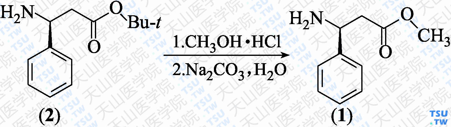 （<i>S</i>）-3-氨基-3-苯丙酸甲酯（分子式：C<sub>10</sub>H<sub>13</sub>NO<sub>2</sub>）的合成方法路线及其结构式
