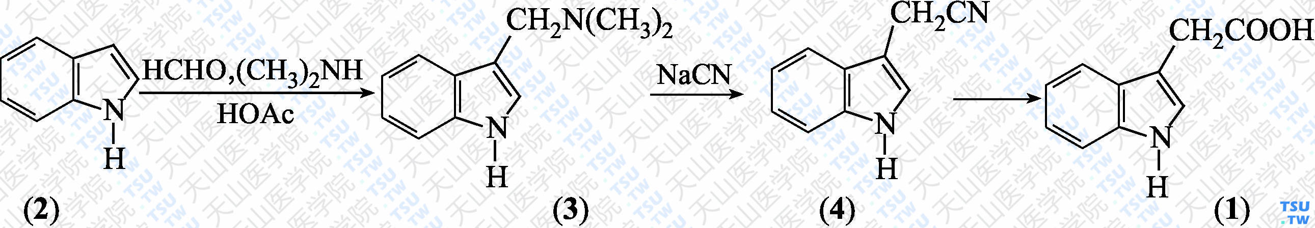吲哚-3-乙酸（分子式：C<sub>10</sub>H<sub>9</sub>NO<sub>2</sub>）的合成方法路线及其结构式