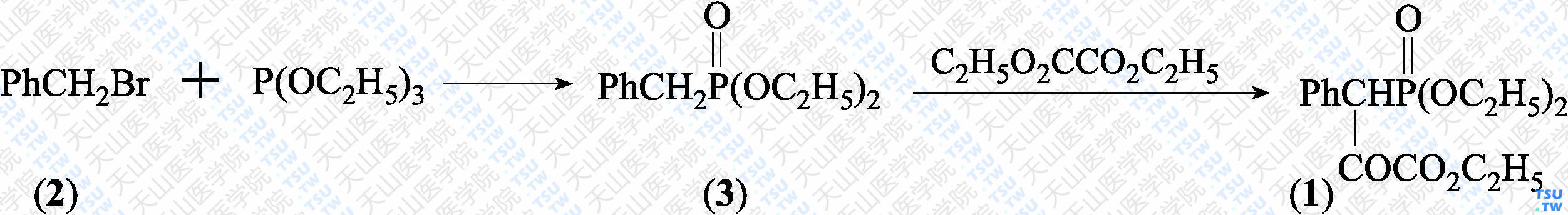 3-苯基-3-（二乙氧基膦酰）丙酮酸乙酯（分子式：C<sub>15</sub>H<sub>21</sub>O<sub>6</sub>P）的合成方法路线及其结构式