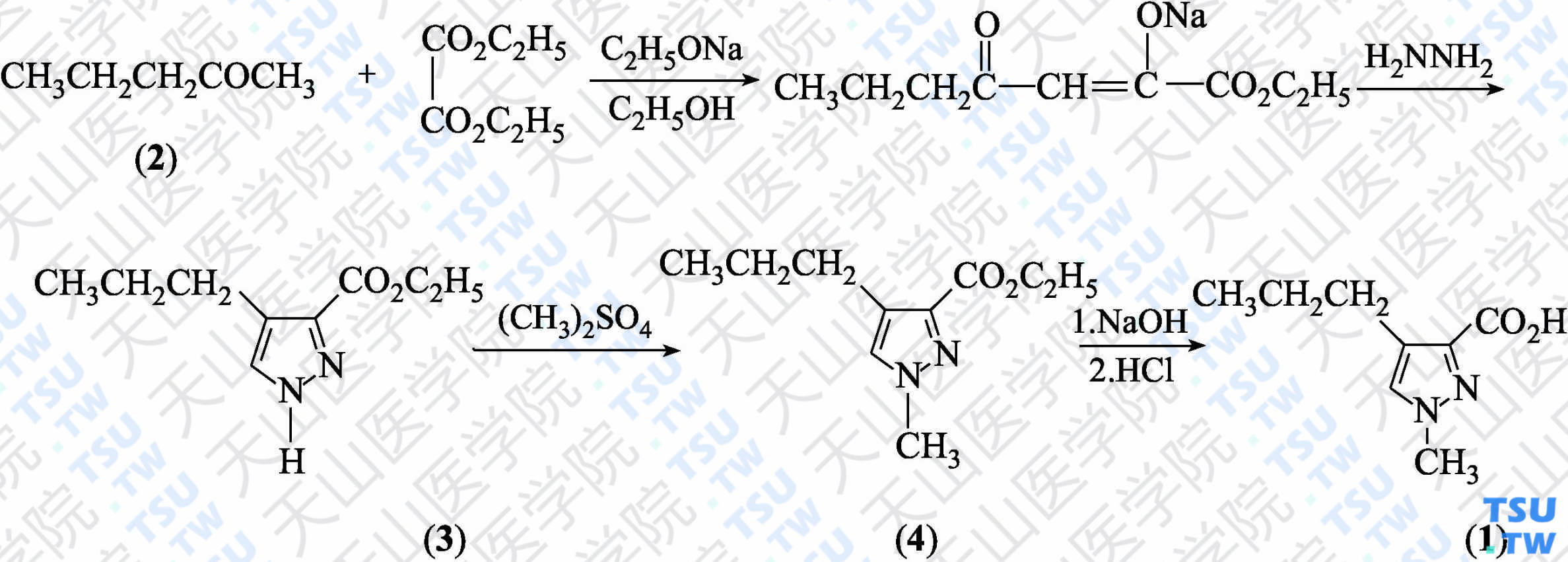 1-甲基-4-丙基吡唑-3-羧酸乙酯（分子式：C<sub>8</sub>H<sub>12</sub>N<sub>2</sub>O<sub>2</sub>）的合成方法路线及其结构式
