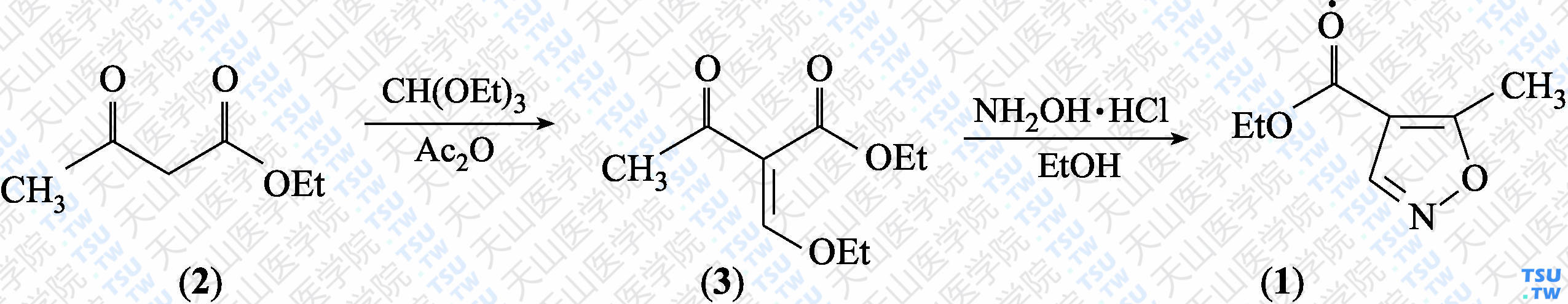 5-甲基-4-异噁唑甲酸乙酯（分子式：C<sub>7</sub>H<sub>9</sub>NO<sub>3</sub>）的合成方法路线及其结构式