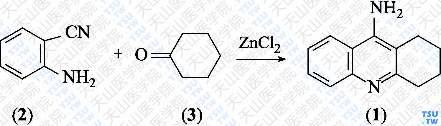 9-氨基四氢吖啶（分子式：C<sub>13</sub>H<sub>14</sub>N<sub>2</sub>）的合成方法路线及其结构式