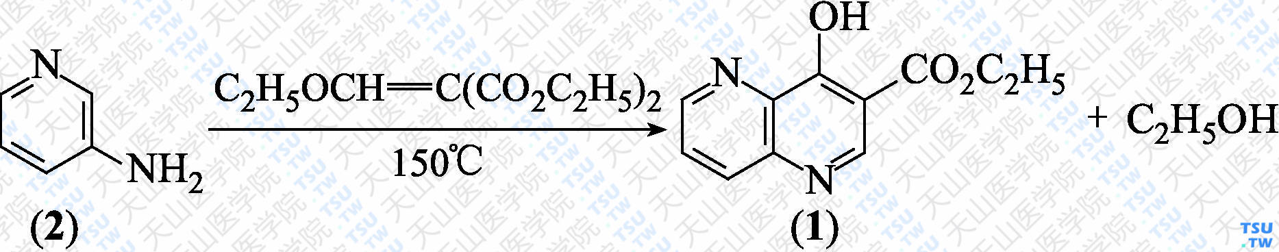 4-羟基-1，5-萘啶-3-羧酸乙酯（分子式：C<sub>11</sub>H<sub>10</sub>N<sub>2</sub>O<sub>3</sub>）的合成方法路线及其结构式