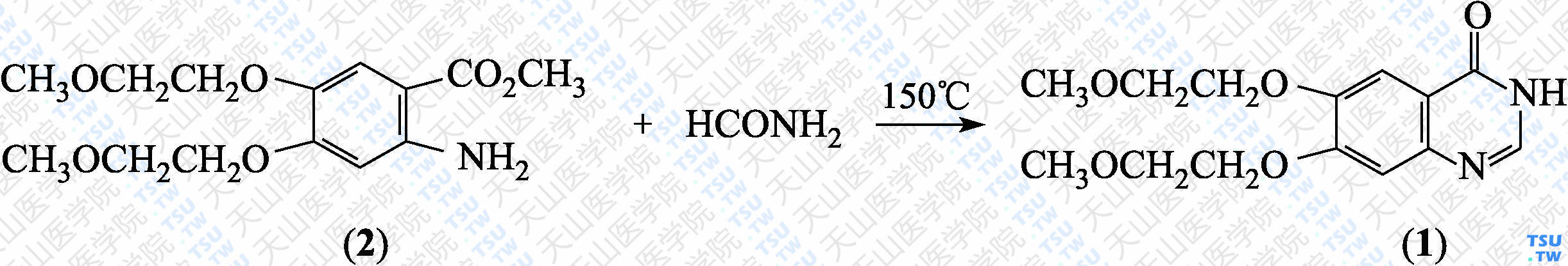 6，7-二-（2-甲氧基乙氧基）-4（3<i>H</i>）-喹唑啉酮（分子式：C<sub>14</sub>H<sub>18</sub>N<sub>2</sub>O<sub>5</sub>）的合成方法路线及其结构式