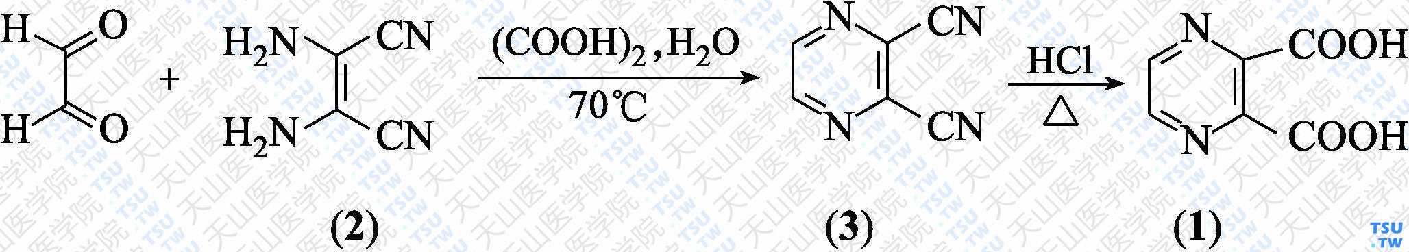 吡嗪-2，3-二羧酸（分子式：C<sub>6</sub>H<sub>4</sub>N<sub>2</sub>O<sub>4</sub>）的合成方法路线及其结构式