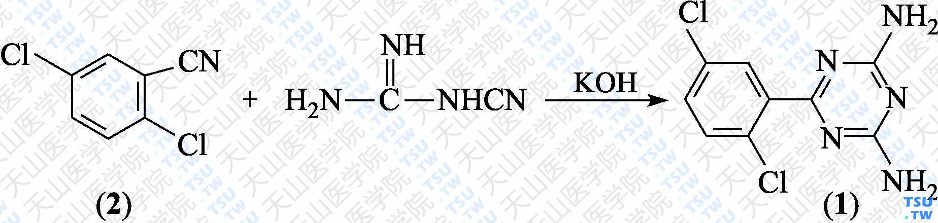 伊索拉定（分子式：C<sub>9</sub>H<sub>7</sub>Cl<sub>2</sub>N<sub>5</sub>）的合成方法路线及其结构式