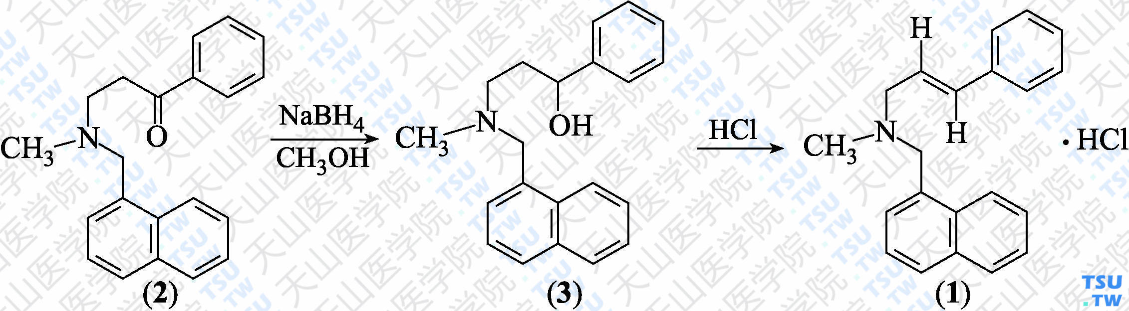 盐酸萘替芬（分子式：C<sub>21</sub>H<sub>21</sub>N·HCl）的合成方法路线及其结构式