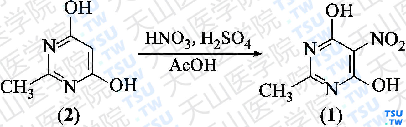 4，6-二羟基-2-甲基-5-硝基嘧啶（分子式：C<sub>5</sub>H<sub>5</sub>N<sub>3</sub>O<sub>4</sub>）的合成方法路线及其结构式