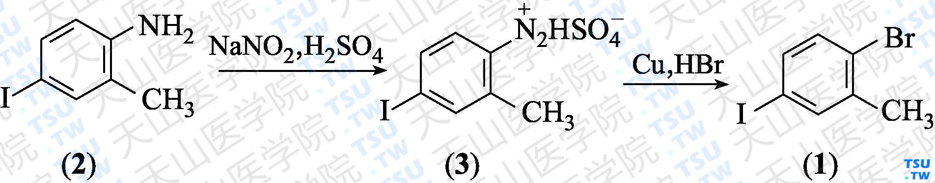 2-溴-5-碘甲苯（分子式：C<sub>7</sub>H<sub>6</sub>BrI）的合成方法路线及其结构式