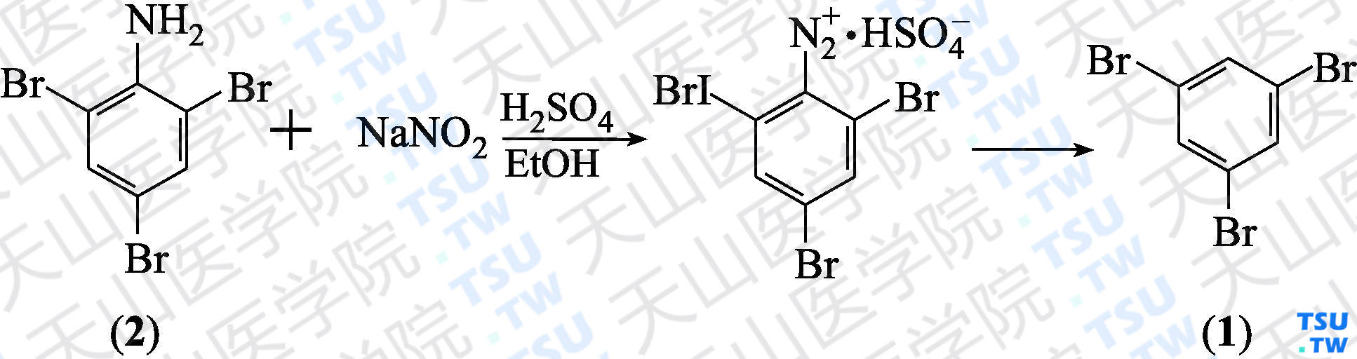 1，3，5-三溴苯（分子式：C<sub>6</sub>H<sub>3</sub>Br<sub>3</sub>）的合成方法路线及其结构式