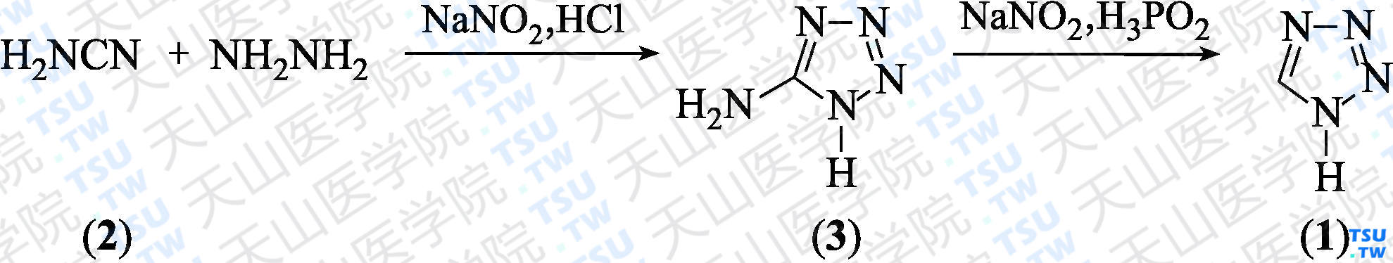 四氮唑（分子式：CH<sub>2</sub>N<sub>4</sub>）的合成方法路线及其结构式