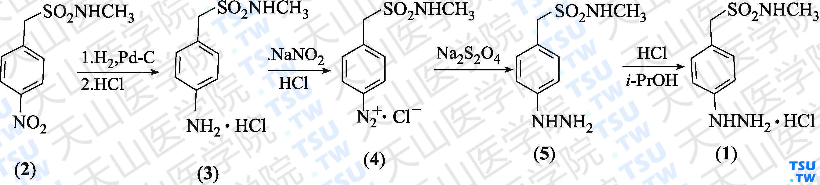 4-肼基-<i>N</i>-甲基苯甲磺酰胺盐酸盐（分子式：C<sub>8</sub>H<sub>13</sub>N<sub>3</sub>O<sub>2</sub>S·HCl）的合成方法路线及其结构式