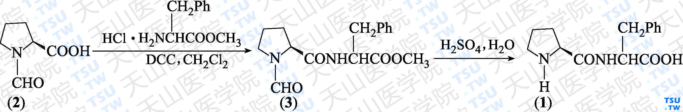 L-脯氨酰-L-苯丙氨酸（分子式：C<sub>14</sub>H<sub>18</sub>N<sub>2</sub>O<sub>3</sub>）的合成方法路线及其结构式
