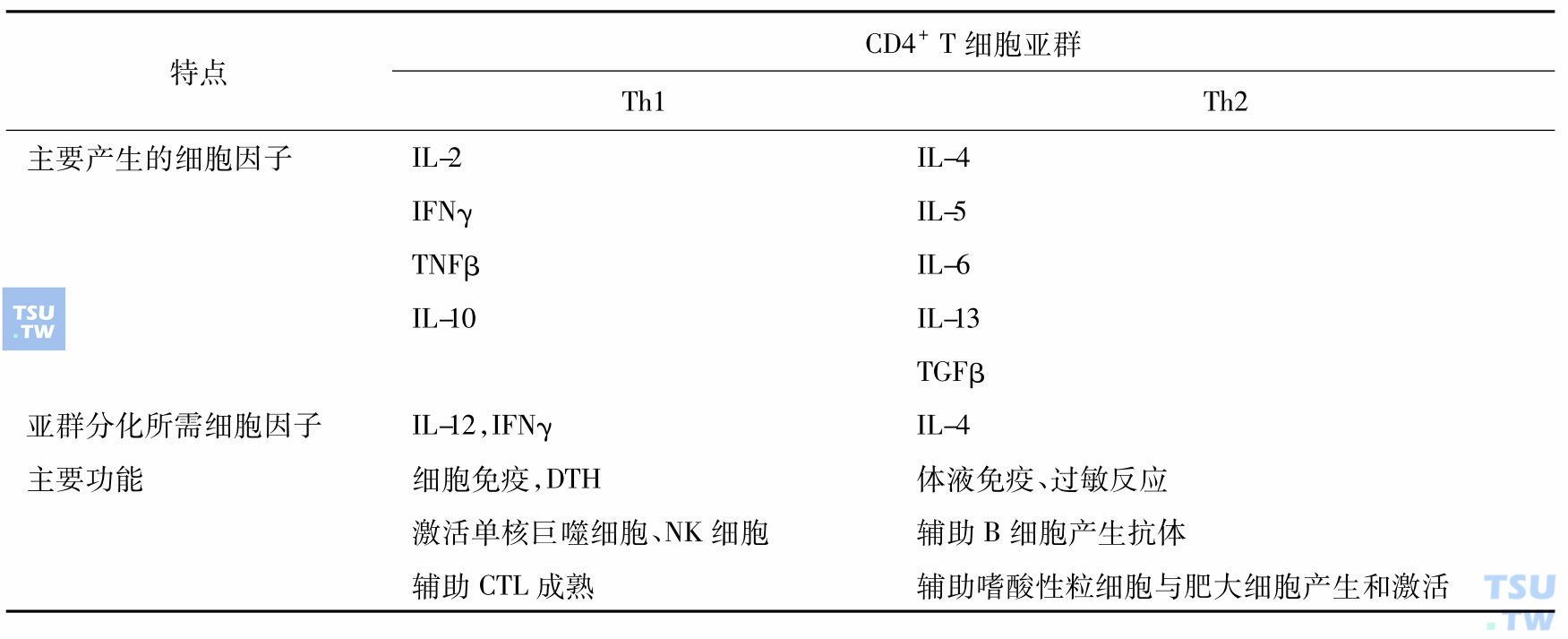 CD4+T细胞亚群的主要特点