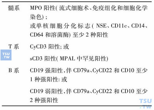 确定一类原始细胞混合表达造血系列抗原所需的标记