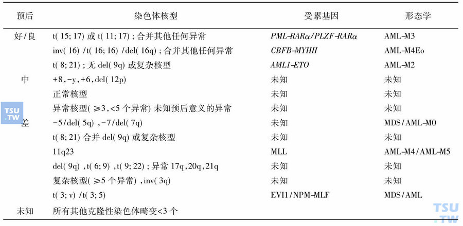 AML预后相关染色体核型因素（SWOG标准）