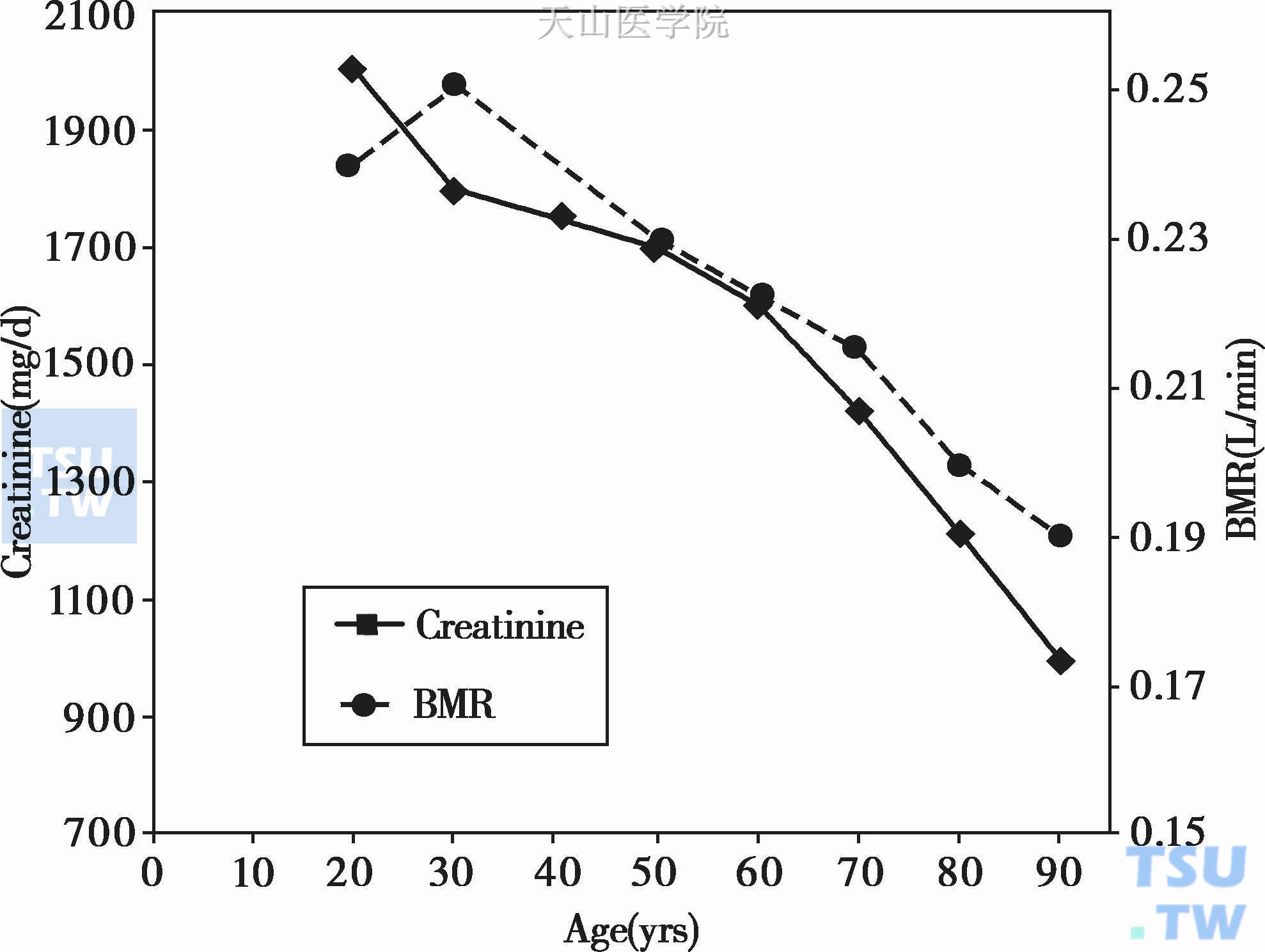 老化过程中尿肌酸酐及基础代谢率的变化