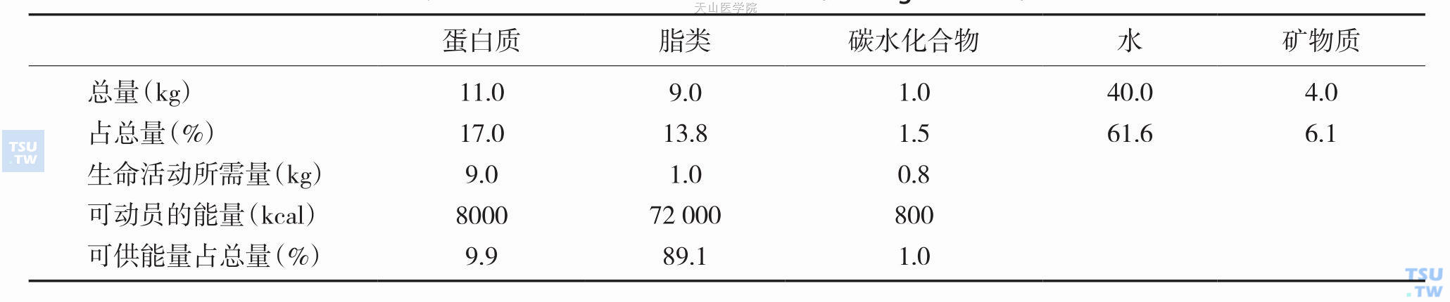 人体基本化学物质构成（以65kg体重为例）