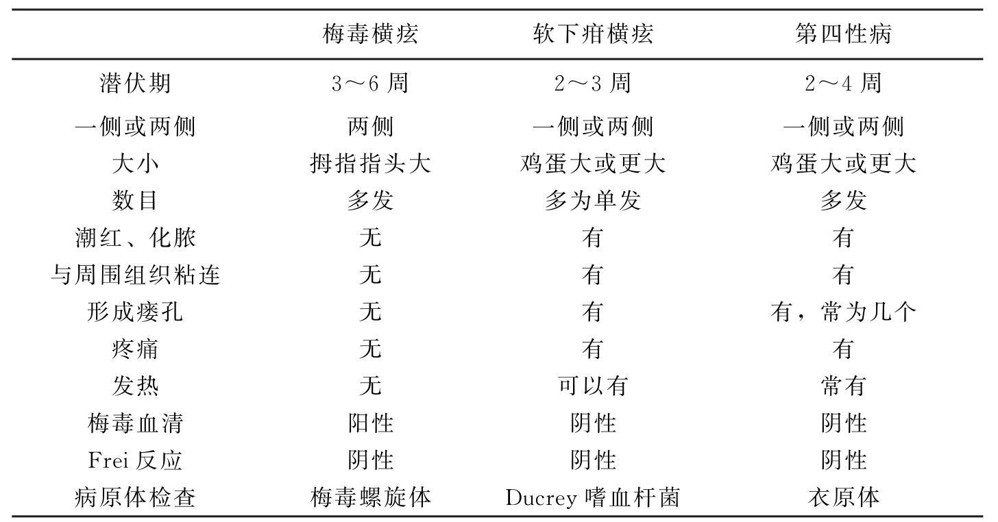 表2　梅毒横痃与软下疳横痃及第四性病鉴别