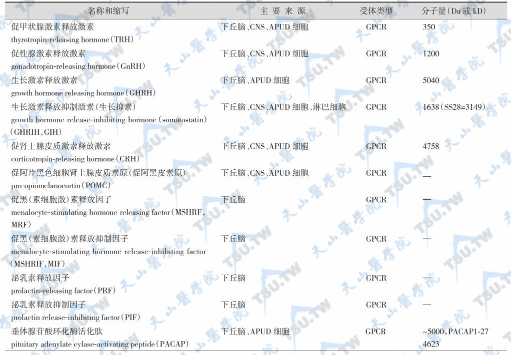 主要激素的名称、缩写、来源、受体类型和分子量