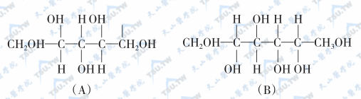  多元醇的分子结构式；注：（A）：木糖醇；（B）：山梨醇