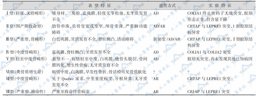 2004～2007年间提出的成骨不全分型