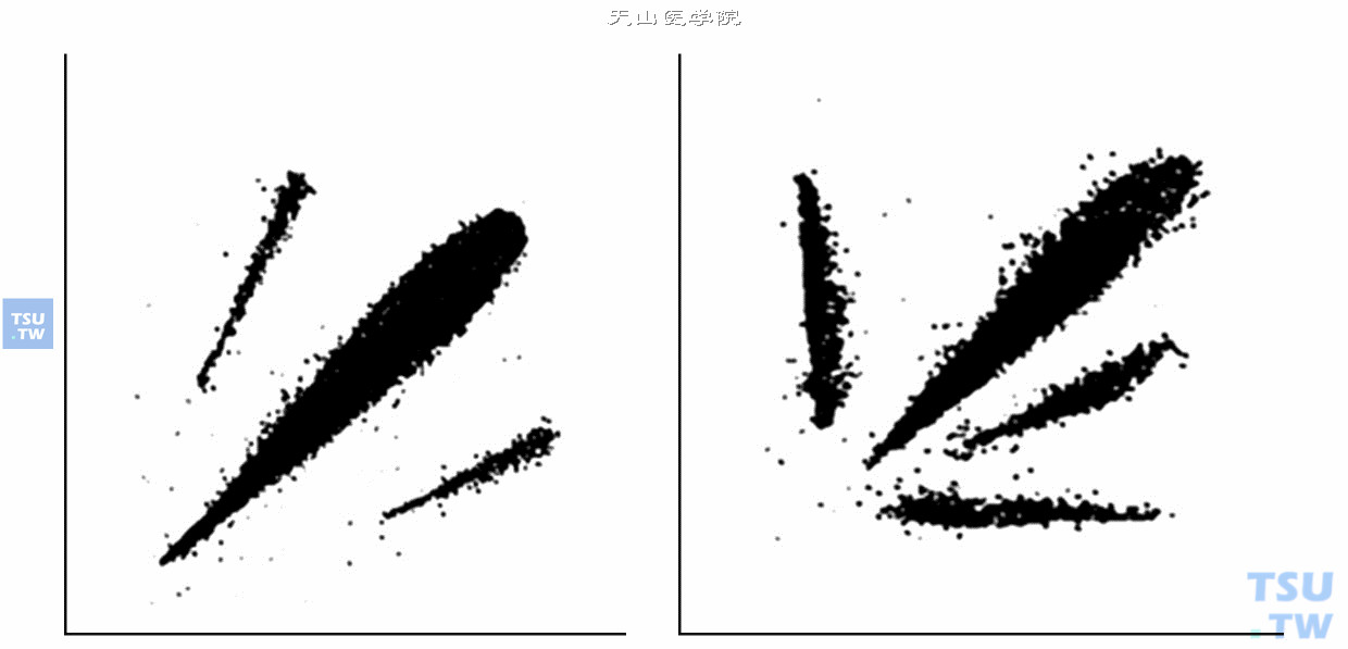  不同系统心律失常的心电散点图；左图是典型的房性早搏系统吸引子的心电散点图；右图是典型的室性早搏系统吸引子的心电散点图