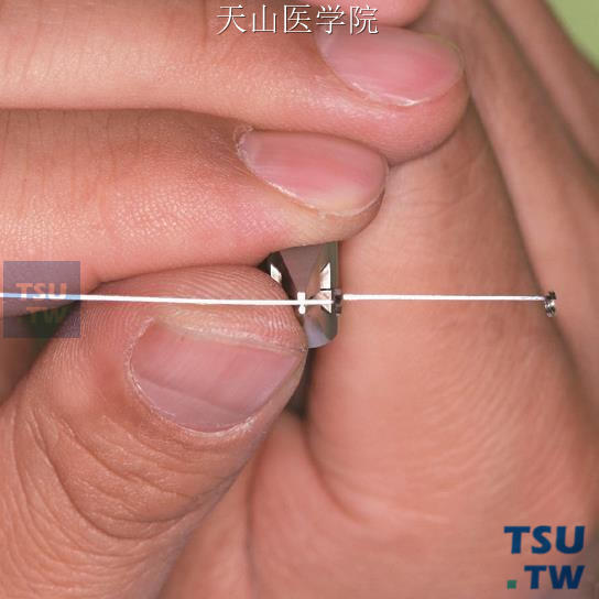 钳夹持在距离第二个圈曲3mm处，钳喙方向垂直于牙合平面，朝向龈方