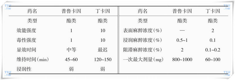 常用酯类局部麻醉药（以普鲁卡因等于1作为标准）