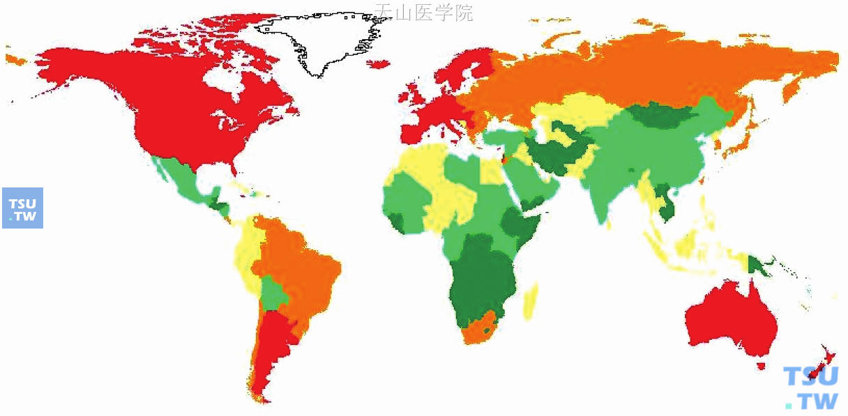 世界各国女性乳腺癌发病标化率（1/10万）分布情况（GLOBOCAN 2008）
