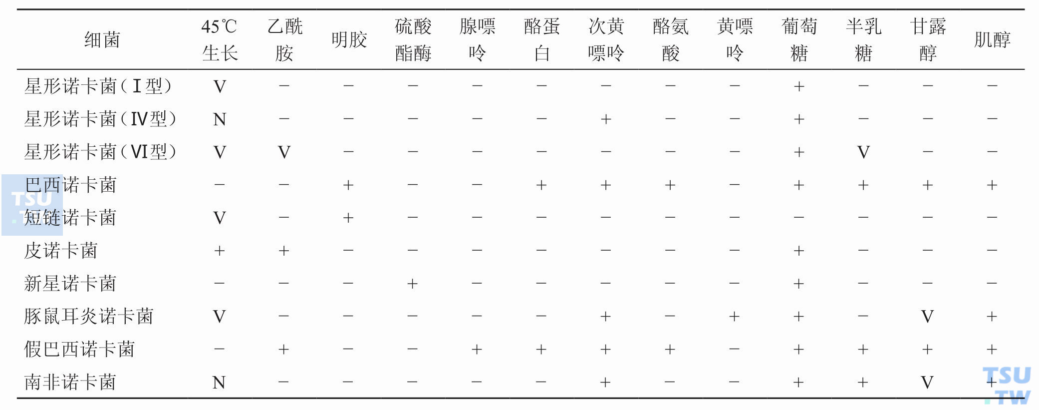 临床常见诺卡菌的鉴别；注：+，90%以上为阳性；−，90%以上为阴性；V，11%～89%为阳性；N，未测试