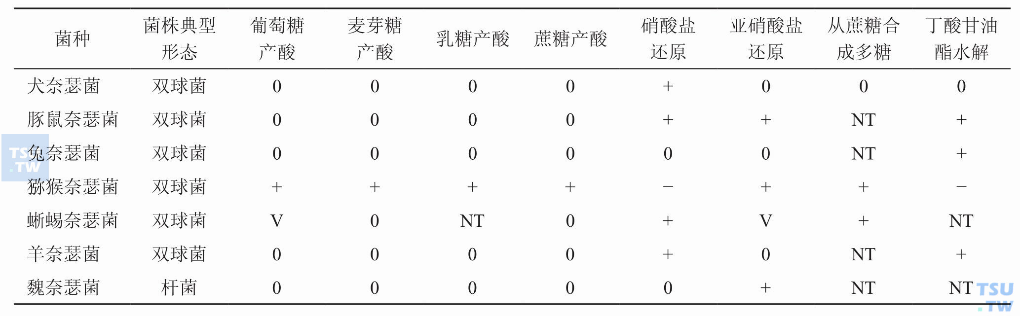 常见的动物源性奈瑟菌的鉴定特征；注：+，标准株阳性，但遗传突变株可为阴性；V：反应可变；NT，没有检测