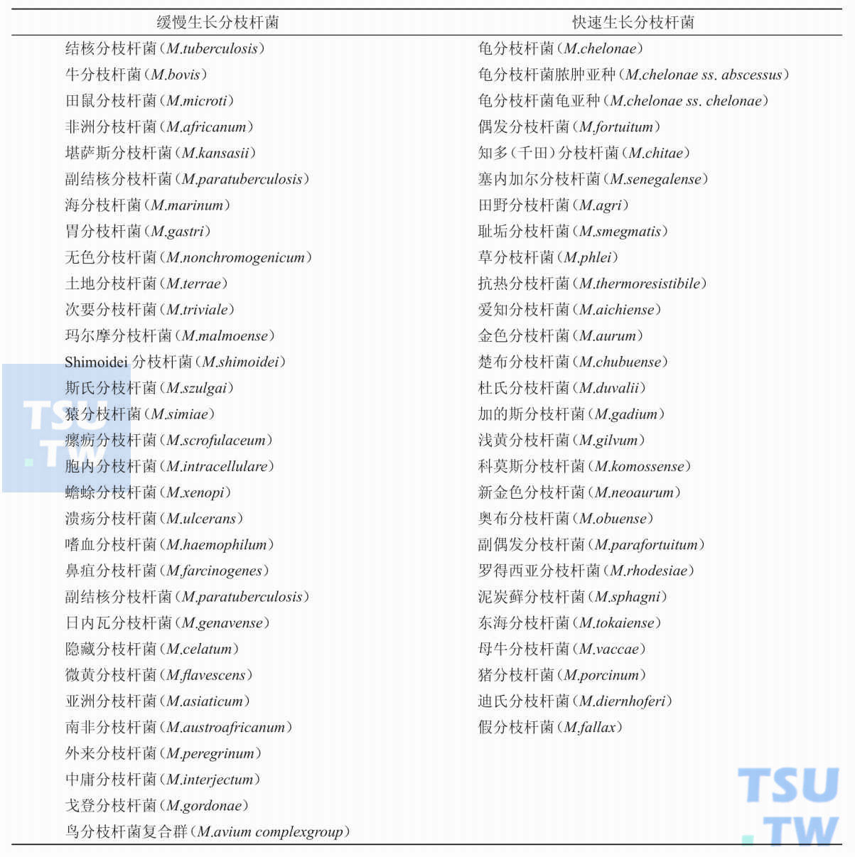 常见分枝杆菌菌种名称