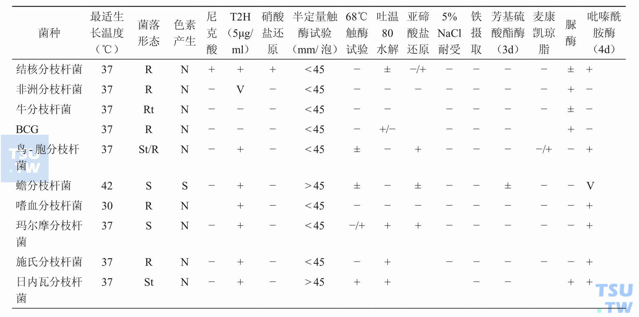 分枝杆菌的主要生化特性；注：V，可变的；+，阳性反应；±，多数阳性；−/+，多数阴性；−，阴性反应；空白，资料少或无资料。菌落形态：R，粗糙；S，光滑；SR，较粗糙；t，薄或透明。色素产生：P，光产色菌；S，暗产色菌；N，非光产色菌
