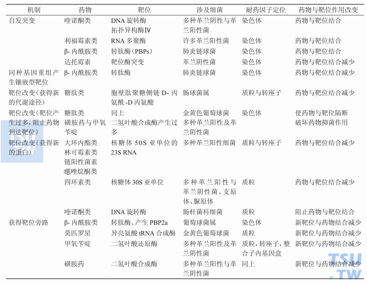 靶位改变导致对抗菌药物耐药：摘自汪复、张婴元主编的《实用抗感染治疗学》（第2版）P72